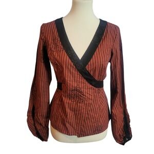 Ethos Organic Cotton Wrap Top Rust Red Black Striped Floral Medium  M Y2K Style